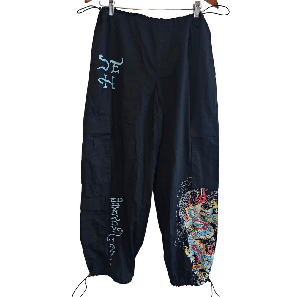 Ed Hardy Y2K Cargo Pants Womens Lg Black Dragon Tatoo Utility Grunge Streetwear